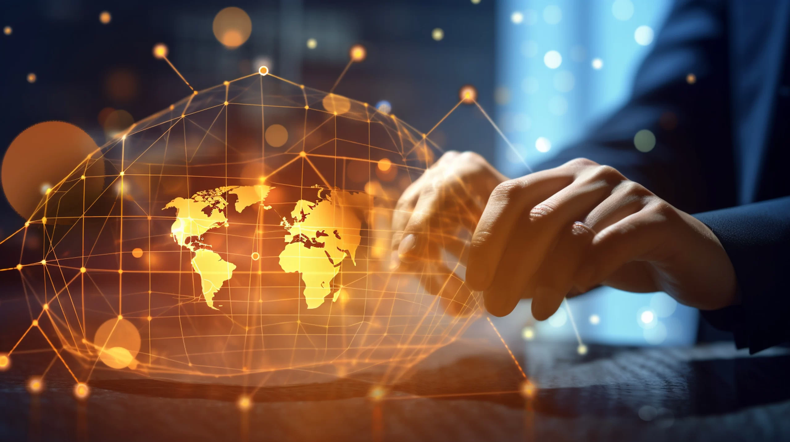 Profissional a interagir com uma interface digital representando a conectividade global e inovação tecnológica