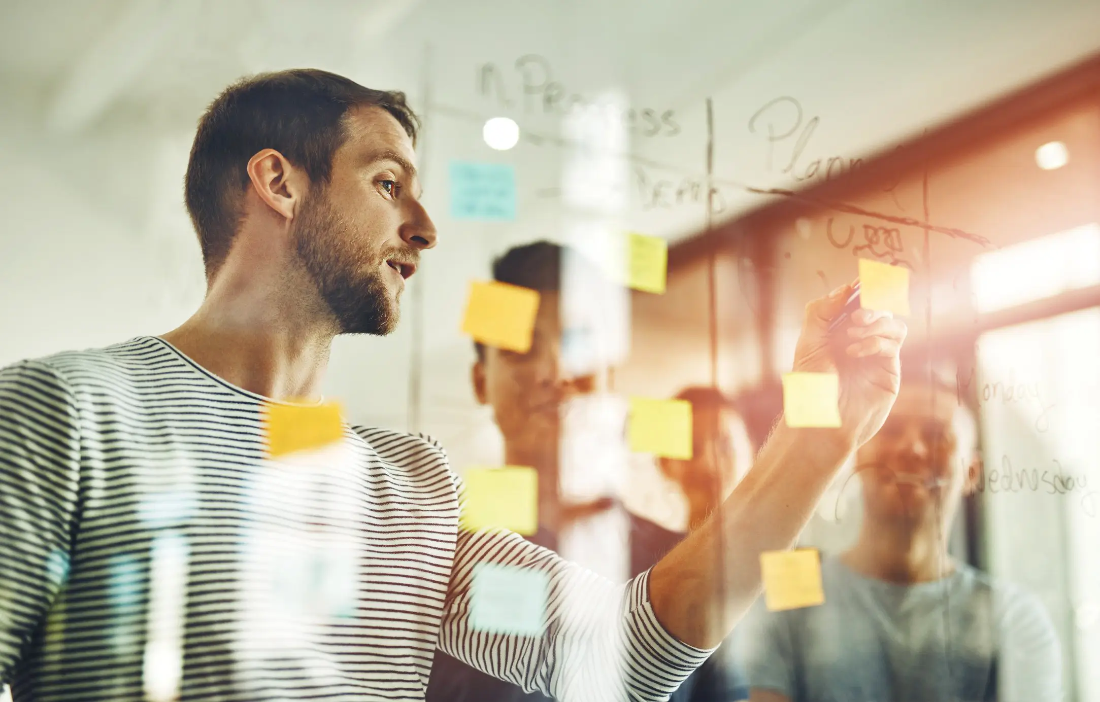 eiC_SeervicosGestao Profissional a organizar ideias com post-it durante sessão de brainstorming
