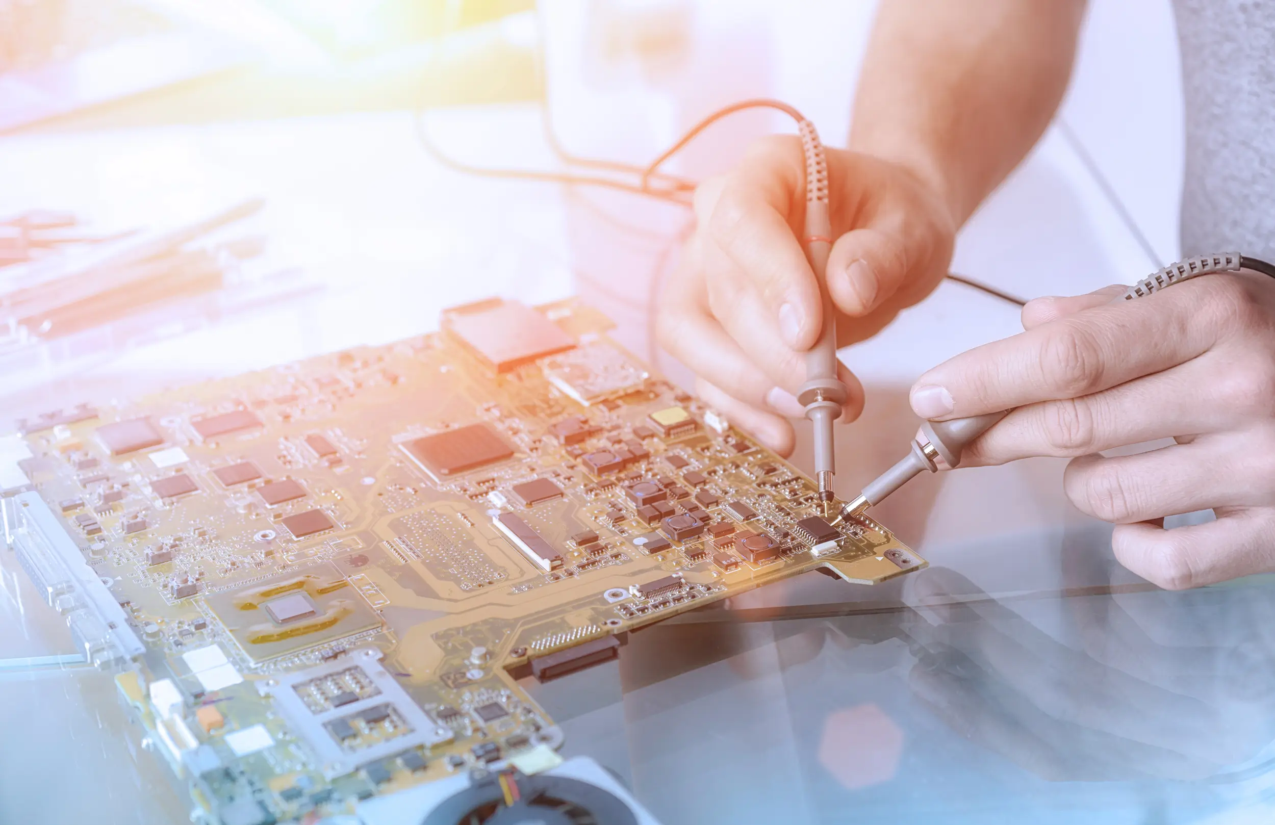 iStock-539228638_plus Pessoa a manusear uma placa eletrónica com sondas de medição